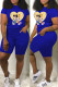 Blue Fashion Street Character Print Letter O Neck Short Sleeve Two Pieces