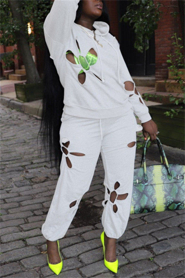 White Fashion Casual Solid Hollowed Out Hooded Collar Long Sleeve Two Pieces