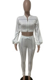 White Casual Solid Patchwork Long Sleeve Two Pieces