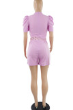 Pink Casual Solid Patchwork With Belt O Neck Straight Rompers