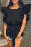 Light Blue Fashion Casual Solid Patchwork With Belt O Neck Tops