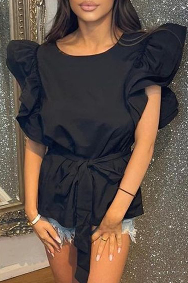 Black Fashion Casual Solid Patchwork With Belt O Neck Tops