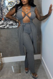 Grey Sexy Casual Solid Hollowed Out Patchwork V Neck Sleeveless Two Pieces