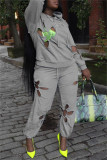 Light Gray Fashion Casual Solid Hollowed Out Hooded Collar Long Sleeve Two Pieces