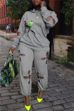 Light Gray Fashion Casual Solid Hollowed Out Hooded Collar Long Sleeve Two Pieces