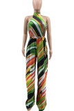 Green Yellow Sexy Striped Print Bandage Patchwork Backless Halter Straight Jumpsuits