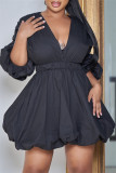 Tangerine Red Fashion Casual Solid Patchwork V Neck A Line Dresses