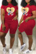 Red Fashion Street Character Print Letter O Neck Short Sleeve Two Pieces