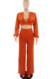 Tangerine Sexy Solid Patchwork Backless V Neck Long Sleeve Two Pieces
