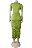 Green Fashion Sexy Solid Hollowed Out Fold O Neck Short Sleeve Dress