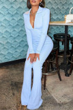 Light Blue Fashion Casual Solid Patchwork Zipper Collar Skinny Jumpsuits