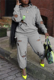 Light Gray Fashion Casual Solid Hollowed Out Hooded Collar Long Sleeve Two Pieces