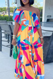 Multicolor Sexy Casual Print Patchwork Backless Off the Shoulder Long Dress