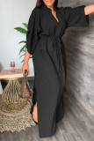 Black Casual Solid Patchwork Slit V Neck Straight Dresses