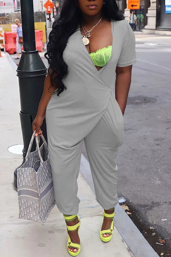 Grey Casual Solid Patchwork Asymmetrical V Neck Loose Jumpsuits