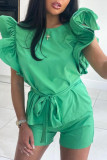 Light Blue Fashion Casual Solid Patchwork With Belt O Neck Tops