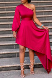 Red Fashion Sexy Formal Solid Backless Asymmetrical Oblique Collar Long Sleeve Dresses
