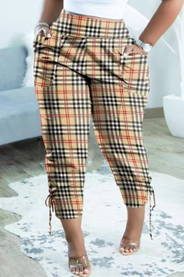 Deep Coffee Fashion Casual Plaid Print Patchwork Regular High Waist Trousers