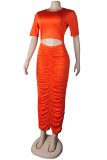 Orange Fashion Sexy Solid Hollowed Out Fold O Neck Short Sleeve Dress