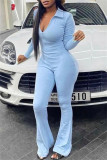 Light Blue Fashion Casual Solid Patchwork Zipper Collar Skinny Jumpsuits