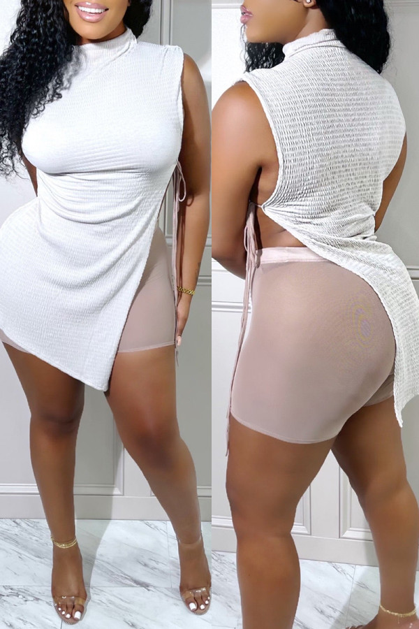 White Fashion Sexy Solid Hollowed Out See-through Slit Half A Turtleneck Sleeveless Two Pieces