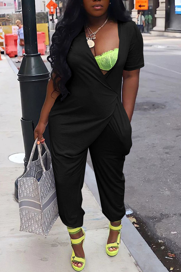 Black Casual Solid Patchwork Asymmetrical V Neck Loose Jumpsuits