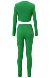 Green Fashion Casual Sportswear Solid Patchwork Zipper Collar Long Sleeve Two Pieces
