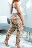 Deep Coffee Fashion Casual Plaid Print Patchwork Regular High Waist Trousers