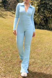 Light Blue Fashion Casual Solid Patchwork Zipper Collar Skinny Jumpsuits