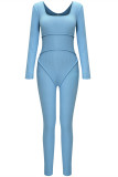 Blue Fashion Casual Sportswear Solid Patchwork U Neck Skinny Jumpsuits