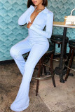 Light Blue Fashion Casual Solid Patchwork Zipper Collar Skinny Jumpsuits