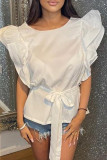 Light Blue Fashion Casual Solid Patchwork With Belt O Neck Tops