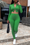 Green Fashion Casual Sportswear Solid Patchwork Zipper Collar Long Sleeve Two Pieces
