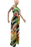Green Yellow Sexy Striped Print Bandage Patchwork Backless Halter Straight Jumpsuits
