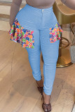 Blue Casual Solid Patchwork Patch High Waist Denim Jeans