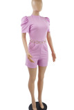 Pink Casual Solid Patchwork With Belt O Neck Straight Rompers