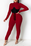 Red Sexy Solid Draw String Half A Turtleneck Long Sleeve Two Pieces