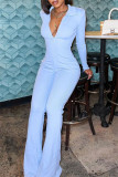 Light Blue Fashion Casual Solid Patchwork Zipper Collar Skinny Jumpsuits