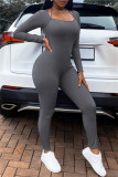 Blue Fashion Casual Sportswear Solid Patchwork O Neck Skinny Jumpsuits