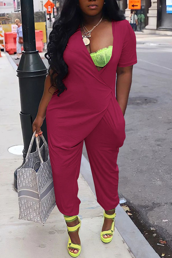 Rose Red Casual Solid Patchwork Asymmetrical V Neck Loose Jumpsuits