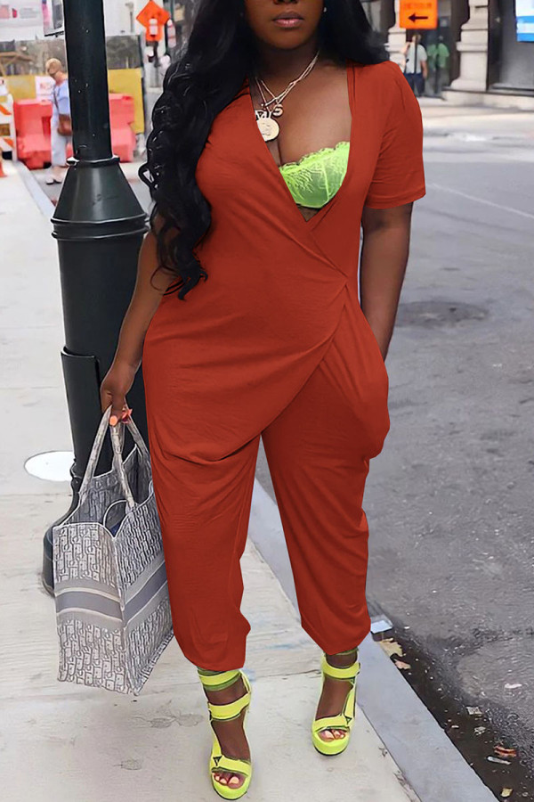 Orange Casual Solid Patchwork Asymmetrical V Neck Loose Jumpsuits