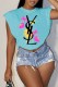 Baby Blue Fashion Elegant Print Letter O Neck T-Shirts