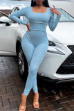 Blue Fashion Casual Sportswear Solid Patchwork U Neck Skinny Jumpsuits