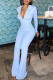 Light Blue Fashion Casual Solid Patchwork Zipper Collar Skinny Jumpsuits
