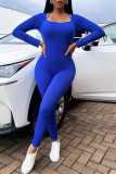 Blue Fashion Casual Sportswear Solid Patchwork O Neck Skinny Jumpsuits