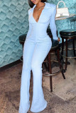 Light Blue Fashion Casual Solid Patchwork Zipper Collar Skinny Jumpsuits