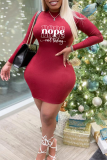 Red Fashion Print Patchwork Half A Turtleneck Pencil Skirt Dresses