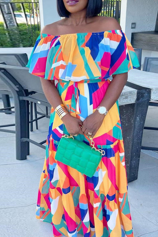 Multicolor Sexy Casual Print Patchwork Backless Off the Shoulder Long Dress