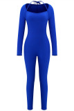 Blue Fashion Casual Sportswear Solid Patchwork O Neck Skinny Jumpsuits