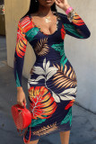 Multicolor Fashion Casual Print Patchwork U Neck Long Sleeve Dresses